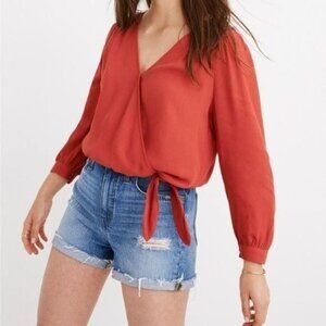 Madewell Women's Medium Bright Ember Orange Silk 3/4 Sleeve Wrap Blouse